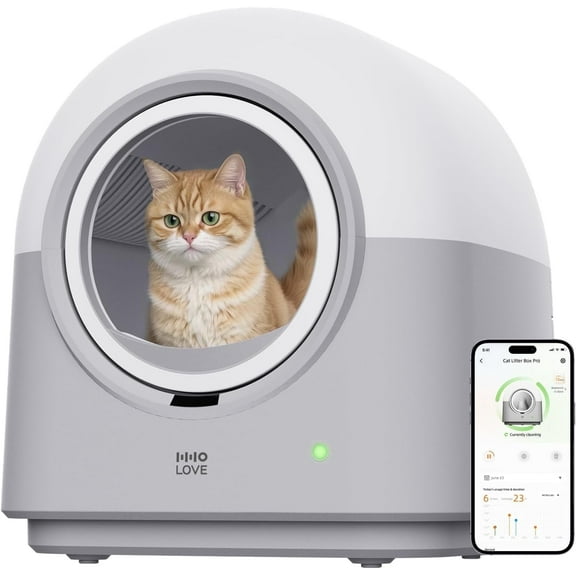 HHOLOVE TYPro Self-Cleaning Automatic Hands-Free Smart Cat Litter Box with Litter Mat, Waste Bags, and Deodorizer, Gray