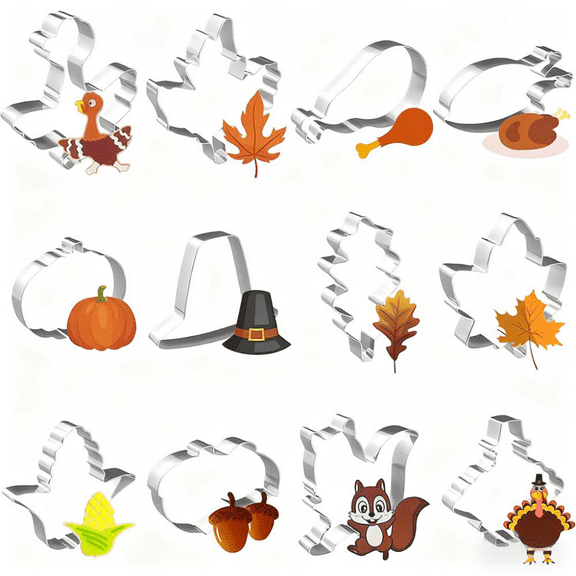 HHVB 12 Pieces Turkey Cookie Cutters, Food-Grade Stainless Steel Fall Thanksgiving Cookie Cutter Set, Biscuit Cutter Set, Holiday Cookie Cutters