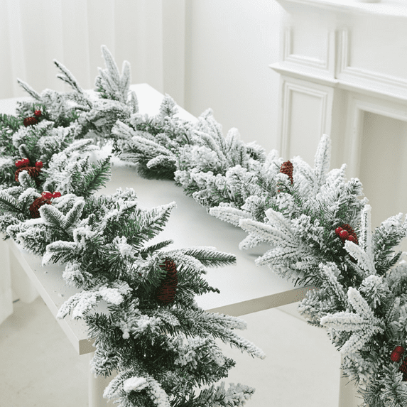 HHVB Artificial Snowy Cedar Garland 6.5 Ft with Pine Cones and Red Berries Christmas Greenery Garland Christmas Wedding Winter Holiday Party Table Runner Mantle Seasonal Centerpiece Decoration
