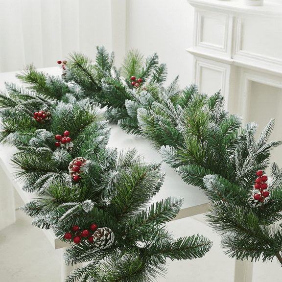 HHVB Artificial Snowy Cedar Garland 6.5 Ft with Pine Cones and Red Berries Christmas Greenery Garland Christmas Wedding Winter Holiday Party Table Runner Mantle Seasonal Centerpiece Decoration