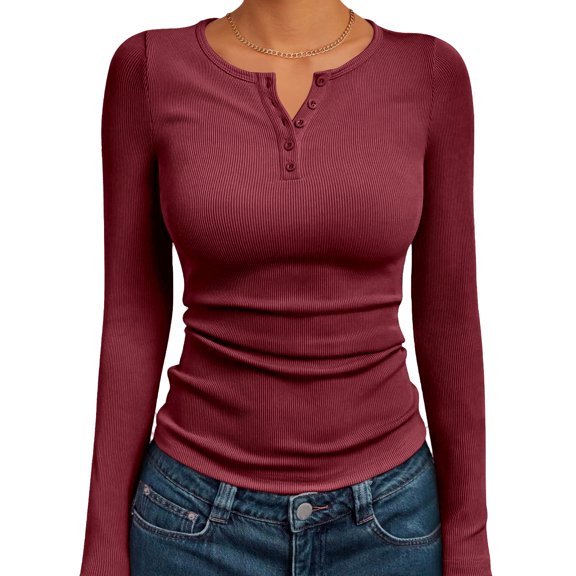 HHVB Women's Fall Long Sleeve Henley T Shirts Button Ribbed Knit Slim Fit Basic Tops Blouse Casual Outfits