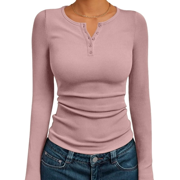 HHVB Women's Fall Long Sleeve Henley T Shirts Button Ribbed Knit Slim Fit Basic Tops Blouse Casual Outfits
