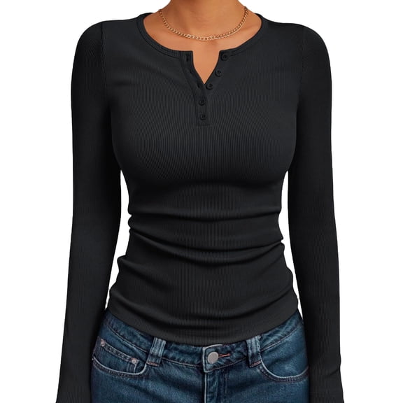 HHVB Women's Fall Long Sleeve Henley T Shirts Button Ribbed Knit Slim Fit Basic Tops Blouse Casual Outfits
