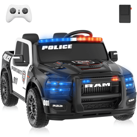 HHVEL 24V 2 Seater Ride on Cars for Kids, Licensed Ram 2500 Electric Police Truck with Remote Control, Siren, Megaphone, Flashing Lights, Black