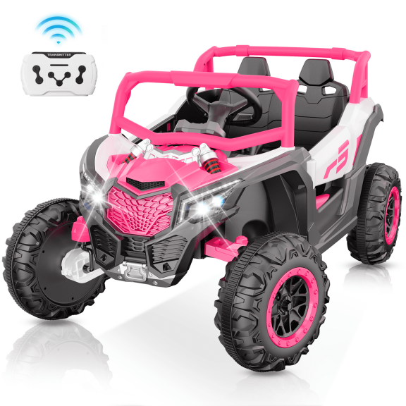 YunTopKids 12V Ride on Toys, Power Truck Wheels with 2 Seaters, Electric Car for Kids with Remote Control, LED Light, Bluetooth,Pink
