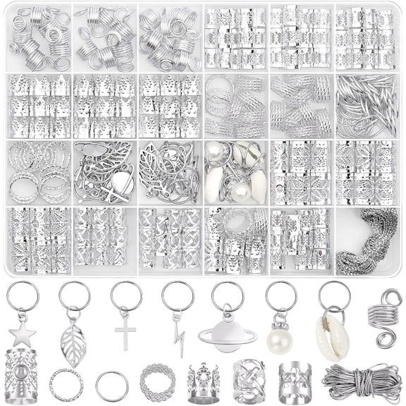 HHX 259PCS Multi-Style Hair Jewelry Set, Silver Braid Cuffs with Charms, Hair Accessories for Dreadlocks & Twists with Storage Box