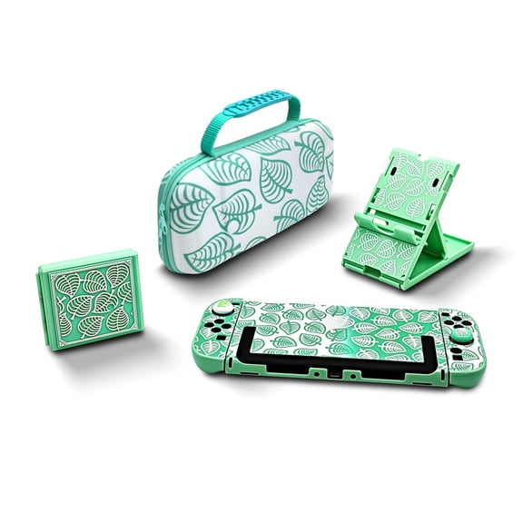 HHX Animal Crossing Leaf 5-in-1 Accessory Kit for Switch 2, Includes Carrying Case, Protective Cover, Card Holder, Stand & Thumb Grips