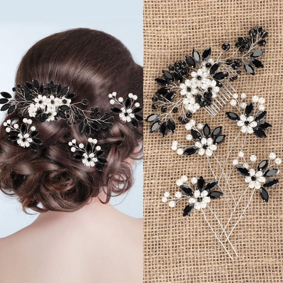HHX Bridal Crystal Hair Accessories 5-Piece Set, Rhinestone Hair Comb & Hair Pins, Wedding Updo Decor, Multiple Colors Available Great for brides, bridesmaids, banquet party and photo shooting.