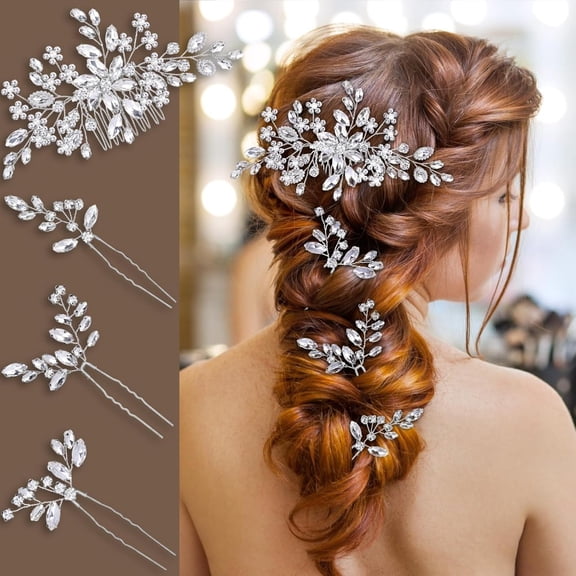 HHX Bridal Crystal Hair Accessories Set, 1 Rhinestone Hair Comb + 3 U-Shaped Hair Pins, Silver Wedding Updo Hairpieces for Brides
