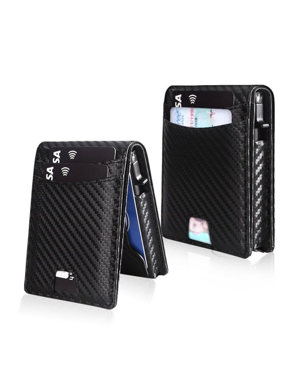 Carbon Fiber RFID Blocking Automatic Pop-Up Wallet, Slim Minimalist Bifold Card Holder with Magnetic Closure and ID Window for Men