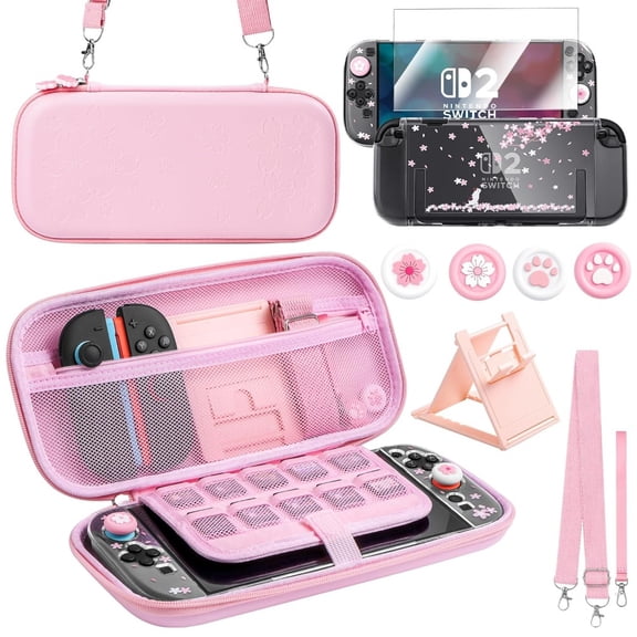 HHX Cute Travel Carrying Case for Switch 2 (2025) Accessories Kit with Protective Cover, Glass Screen Protector, Adjustable Stand and Thumb Grip Caps 10 in 1 (Switch 2 Pink)