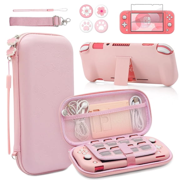 HHX Pink Travel Carrying Case Accessories Kit for Switch Lite, Hard Protective Cover Skin Shell with Stand, Glass Screen Protector, Thumb Grip Caps 9 in 1