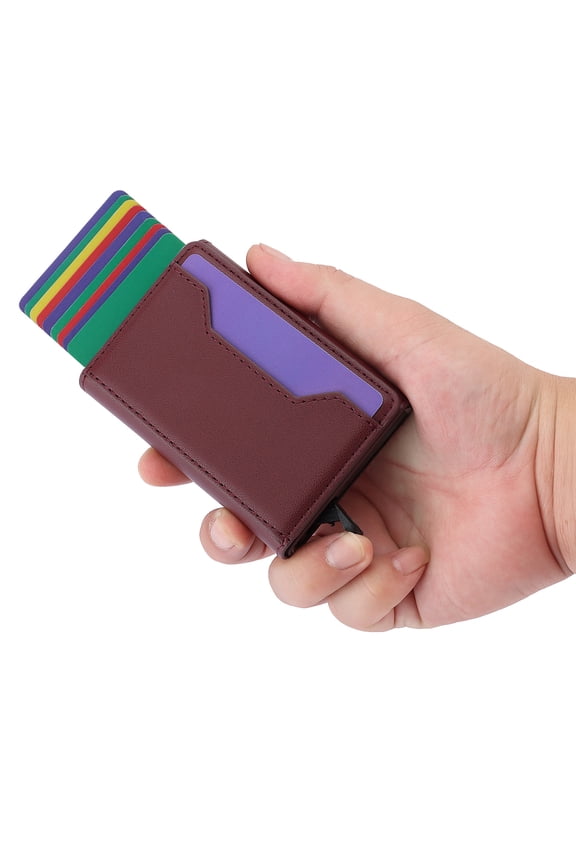 RFID Blocking Leather Card Holder, Ultra Slim Automatic Pop-Up Wallet with ID Window, 10 Card Slots for Men & Women, Wine Red
