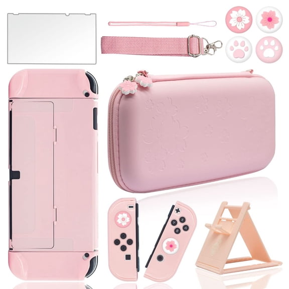 HHX Switch Cute Travel Storage Pouch / Switch OLED Accessory Set, Includes Hard Case, Tempered Glass Screen Protector, Ultra-Thin Adjustable Stand, and Thumb Grip Cap, 10-in-1 (OLED Pink)