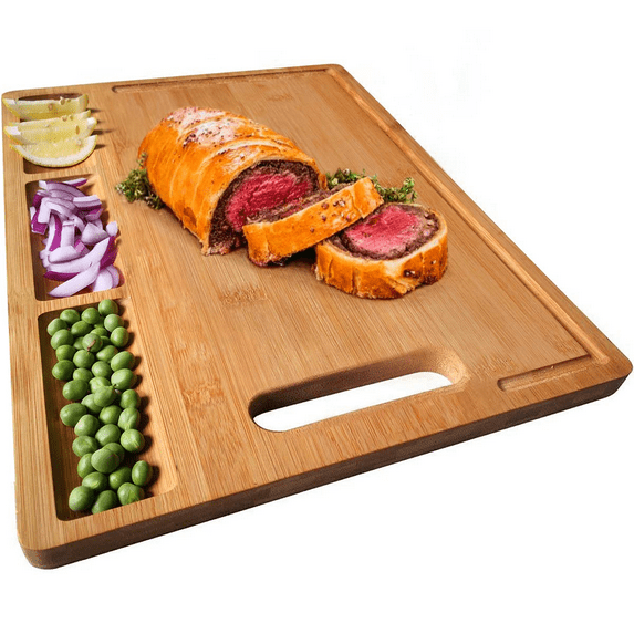 HHXRISE Organic Bamboo Cutting Board for Kitchen, With 3 Built-in Compartments and Juice Grooves, Chopping Board for Meats Bread Fruits, BPA Free(17.2x13.4")