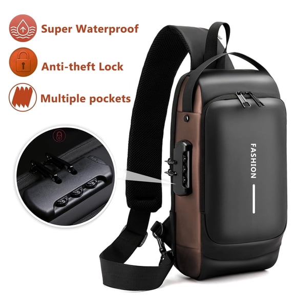 HHY Anti-theft Chest Bag for Men, PU Waterproof Sling Bag with Security Combination Lock, Brown & Black