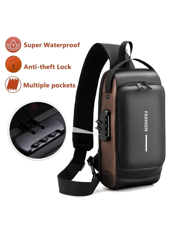 HHY Anti-theft Chest Bag for Men, PU Waterproof Sling Bag with Security Combination Lock, Brown & Black
