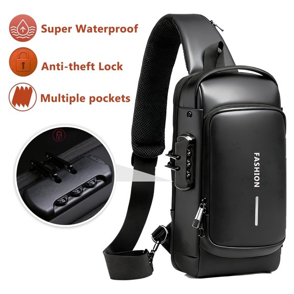 Anti-theft Chest Bag for Men, PU Waterproof Sling Bag with Security Combination Lock, Black