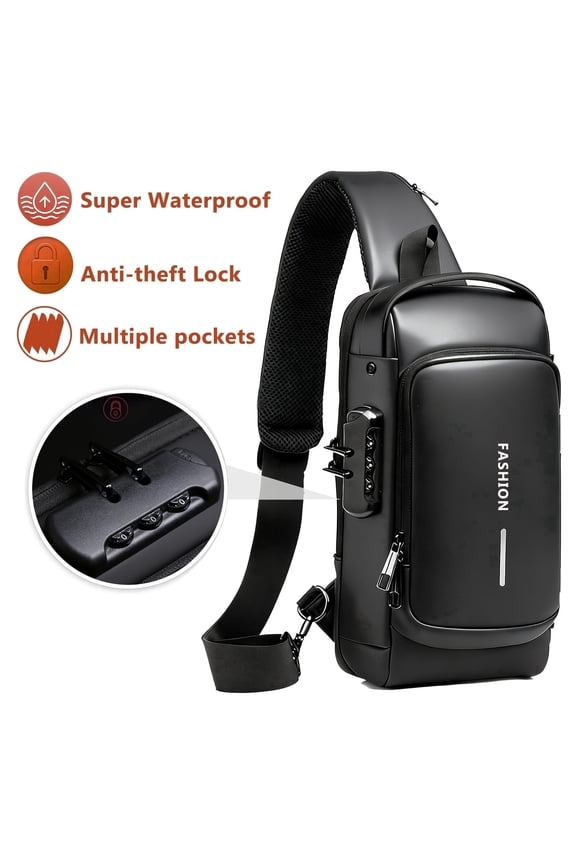 Anti-theft Chest Bag for Men, PU Waterproof Sling Bag with Security Combination Lock, Black