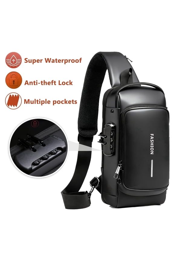 Anti-theft Chest Bag for Men, PU Waterproof Sling Bag with Security Combination Lock, Black