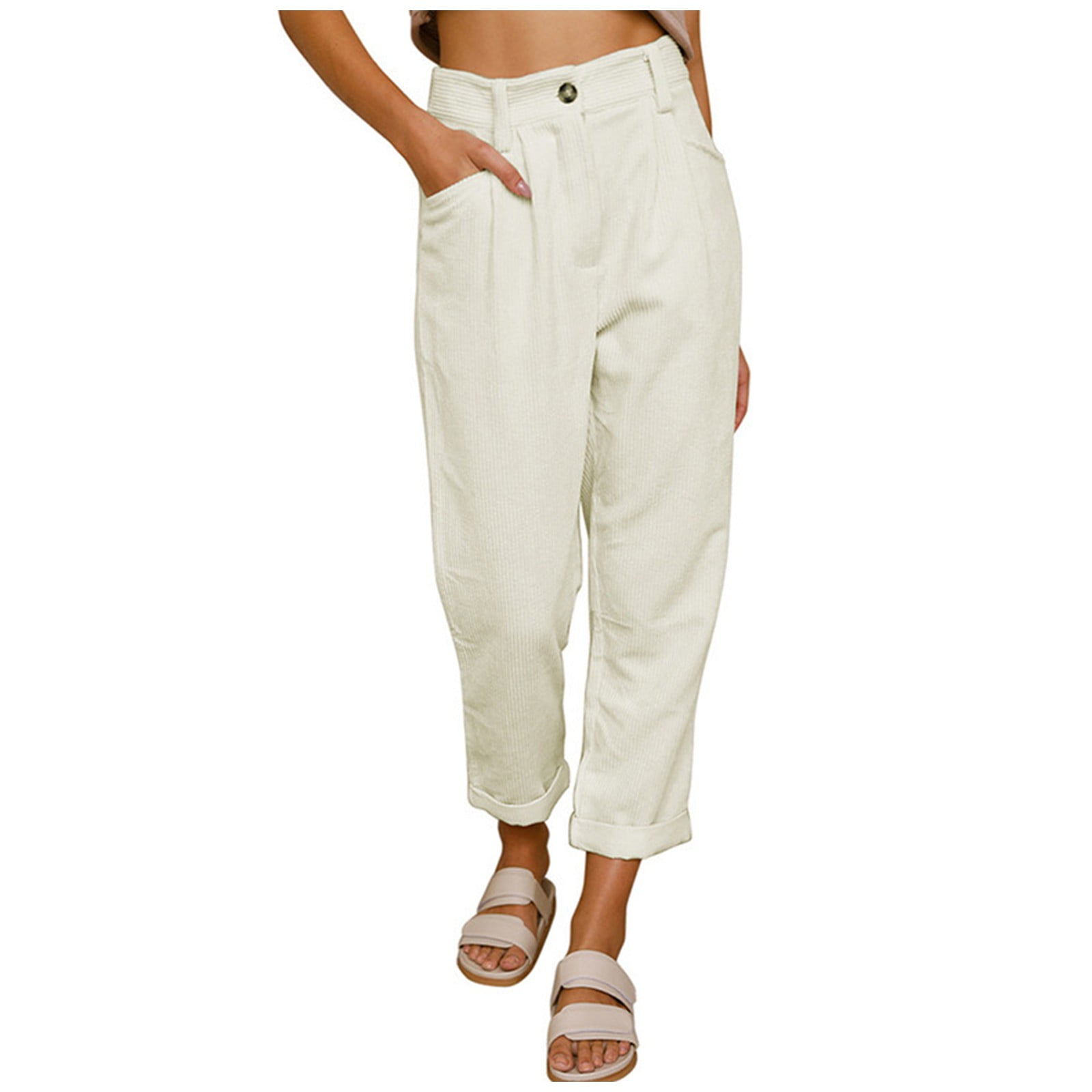 HHei_K Women's High Waist Casual Pants Solid Color Corduroy Loose