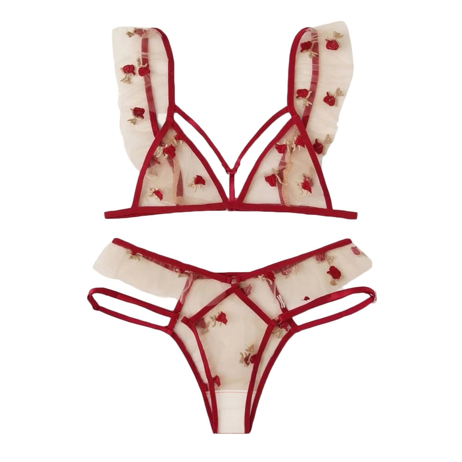 HHei_K lingerie sets for women 2 piece Women's Attractive Thin Mesh Embroidered Sheer Red Three