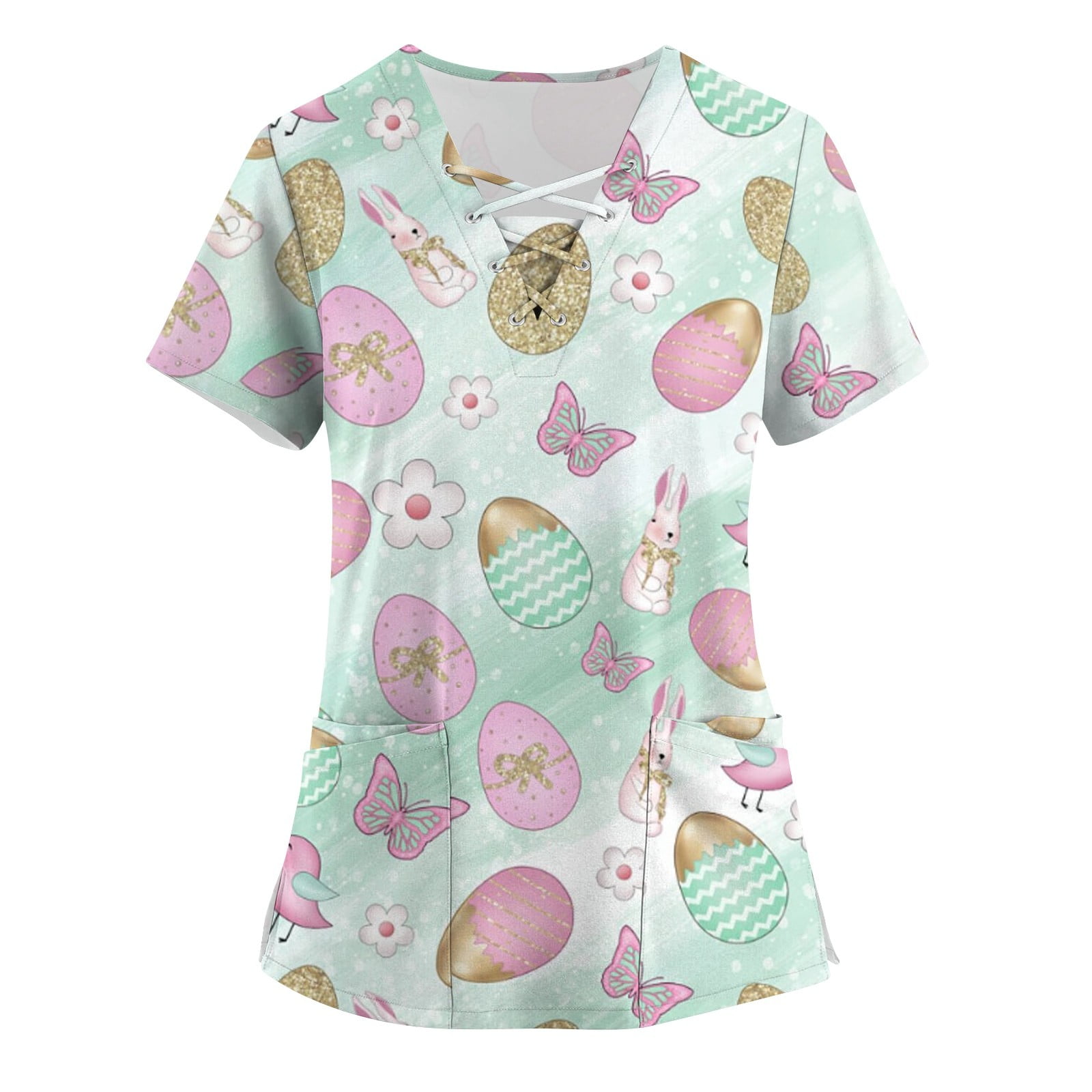 HHeiK Easter Scrubs for Women Bunny Eggs Printed FourWay Stretch Nurse
