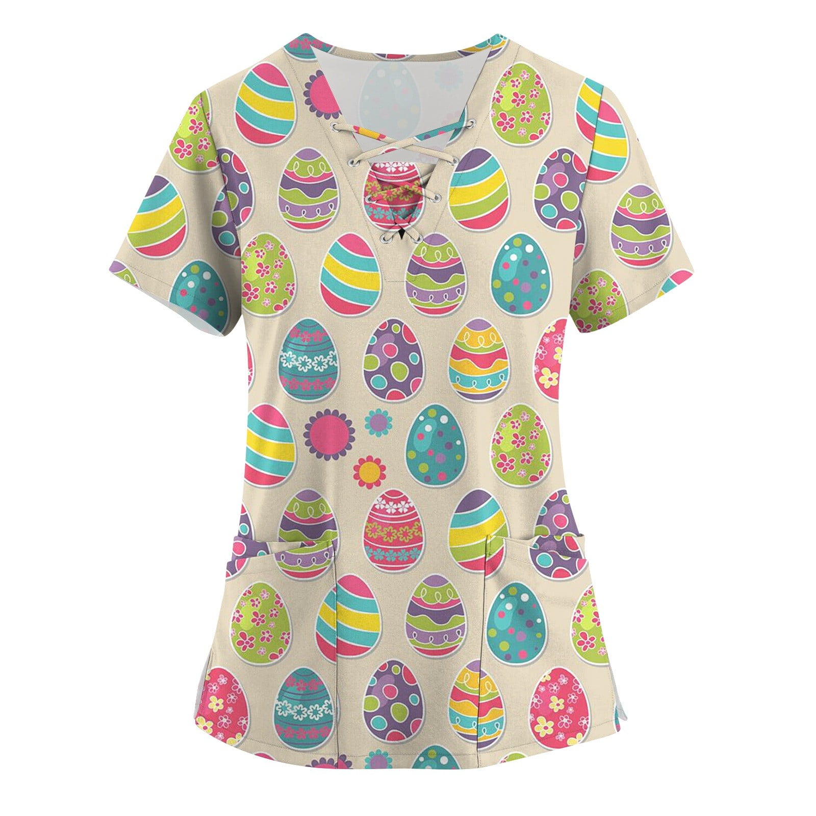 HHeiK Easter Scrubs for Women Bunny Eggs Printed FourWay Stretch Nurse