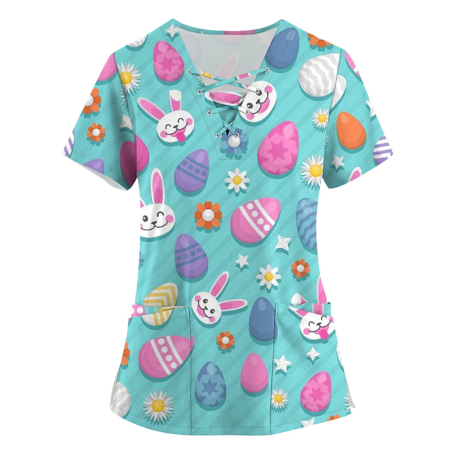 HHeiK Easter Scrubs for Women Bunny Eggs Printed FourWay Stretch Nurse