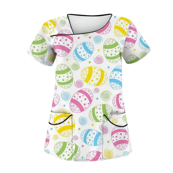 HHeiK Women Easter Scrubs Top, Work Easter Plus Size Scrub Short Sleeve Funny Scrub Shirt