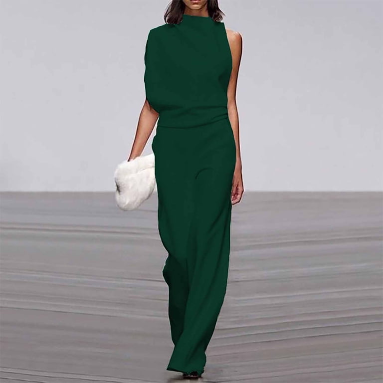loose jumpsuit dress Hheik Women's Banquet Dress Jumpsuit Casual Loose Sleeveless Wide Leg Pant Romper Hanging Neck Trousers, Size: Small, Green