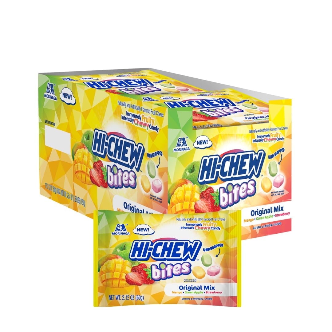 HI-CHEW Bites Original Mix, Pack of 12 Bags, 2.12oz each | Mango Green Apple Strawberry Chewlets | Unique Fun Soft & Chewy Taffy Candy | Immensely Juicy Fruit Flavors (12 Bags, Original Mix -- Mango,