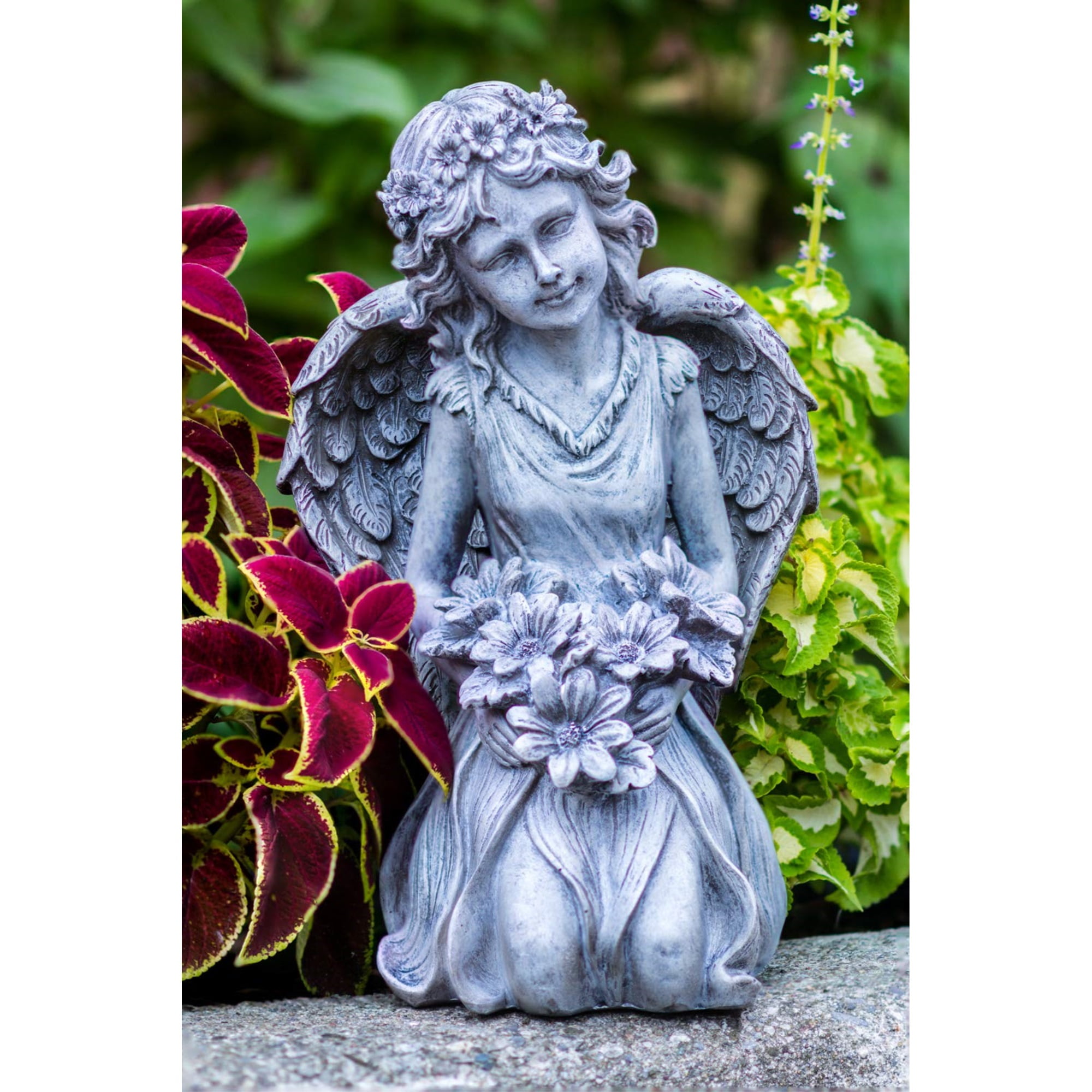 Gray Kneeling Angel Statue with Floral Crown and Bouquet
