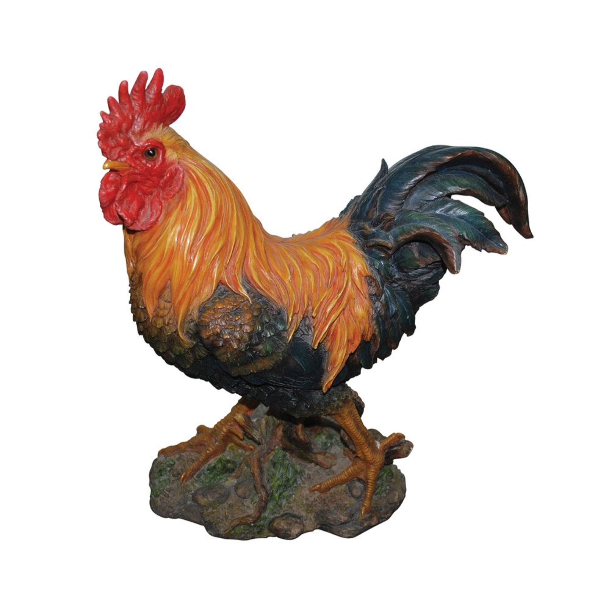 Majestic Black and Orange Resin Rooster Figurine, 16" Tall
