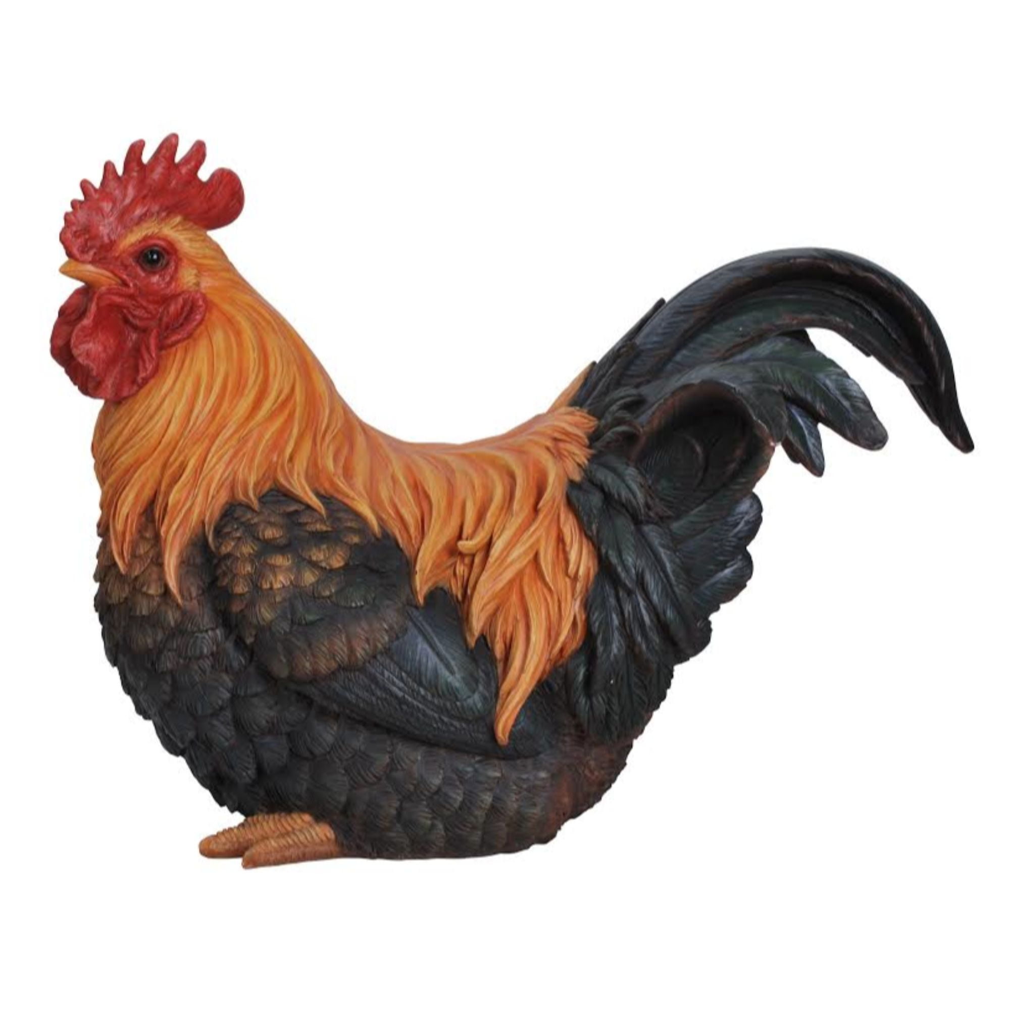 Majestic Black and Orange Resin Rooster Figurine, 16" Tall