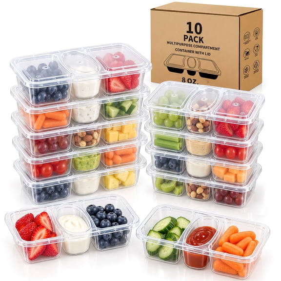 HI-REEKE 8 OZ New 3 Compartment Snack Containers, 10 Sets Bigger Reusable Clear Snack Packs Container with Lids