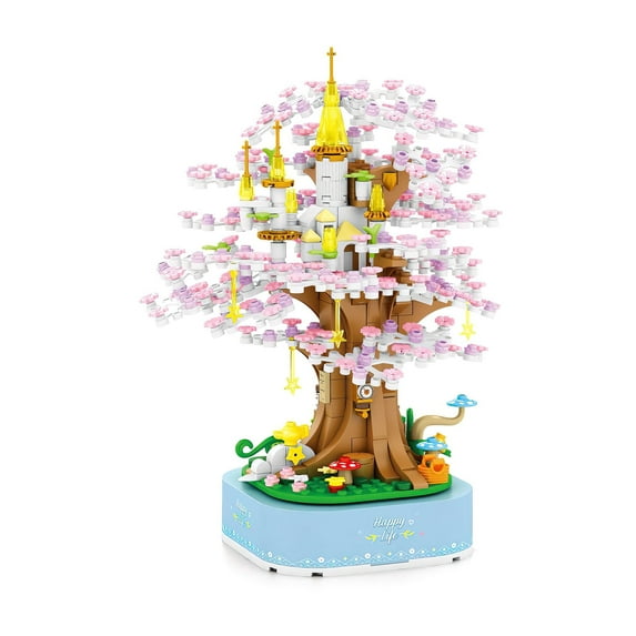 HI-REEKE Flower Building Block Set Sakura Tree Music Box Building Kit Plastic Toy Gift for Girl Pink