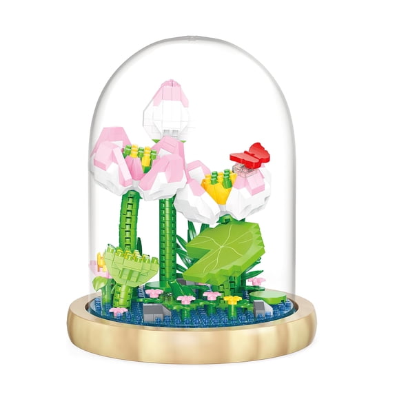 HI-REEKE Flower Mini Building Block Set Lotus Bouquet Bonsai Plastic Kit Toy for Adult Pink 659PCS