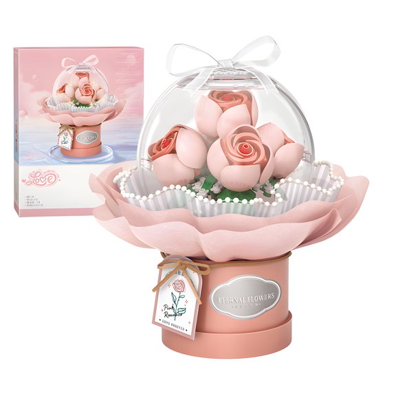 HI-REEKE Flower Mini Building Block Set Rose Bouquet Building Kit Plastic Toy Gift for Kid Pink