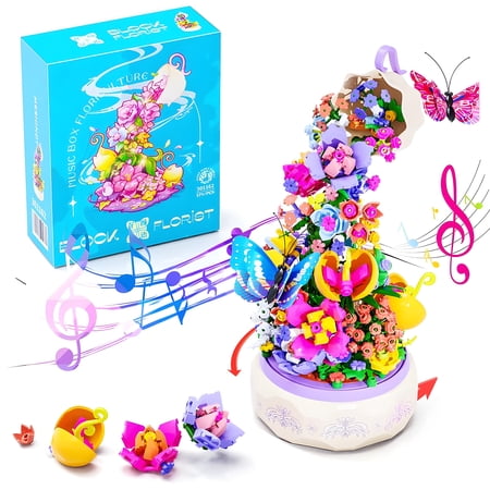 HI-REEKE Garden Plant Building Set Flowers Butterfly Music Box ABS Kit Toy Gift for Girls Multicolor