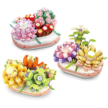 HI-Reeke Building Blocks Set 3 Different Botanical Bonsai Kit Multiple Colour Succulents Plant Collection Toy for Aldult