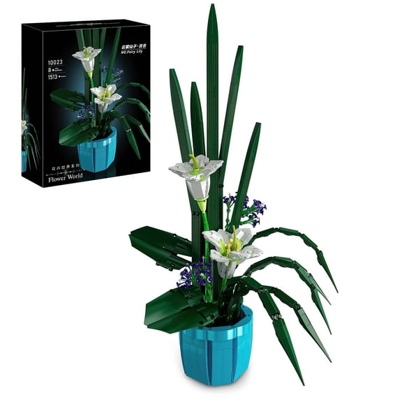 HI-Reeke Flower Building Block Set Lily Bouquet Bonsai Plant Plastic Kit Toy Gift for Women White