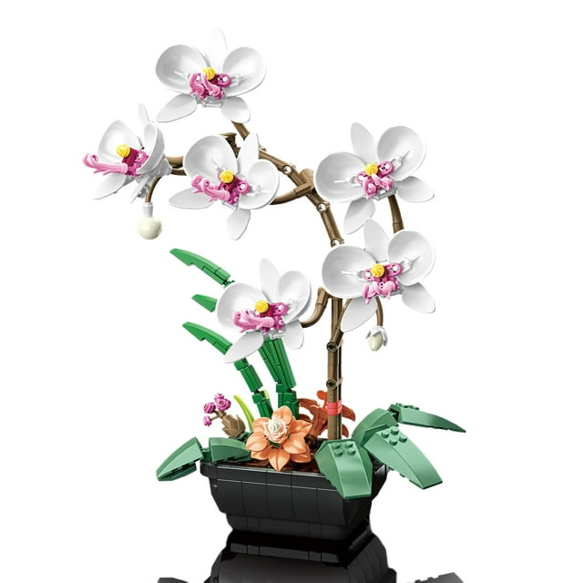 HI-Reeke Flower Building Block Set Orchid Botanical Bonsai Building Kit Toy Gift for Kid Adult White