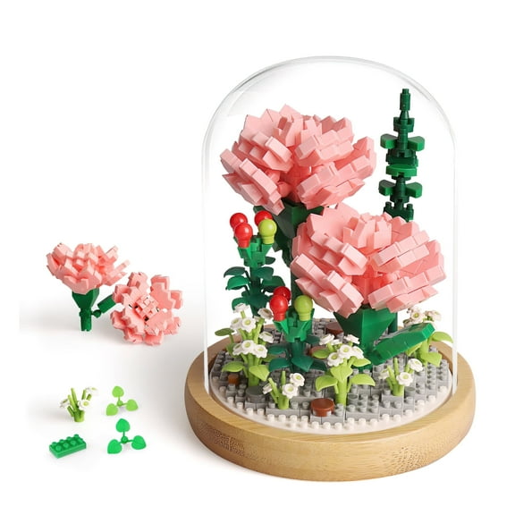 HI-Reeke Flower Mini Building Block Set Pink Rose Bouquet Bonsai Plastic Kit Toy Gift for Girl Pink