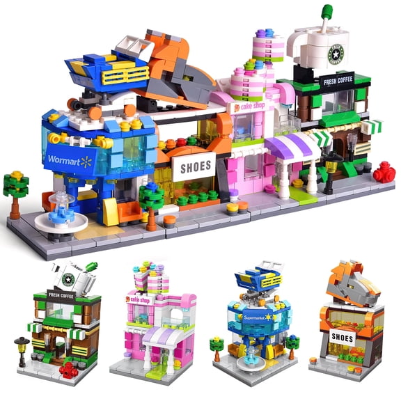 HI-Reeke House Mini Building Block Set 4in1 City Street View Building Kit Gift for Kid Multi Color