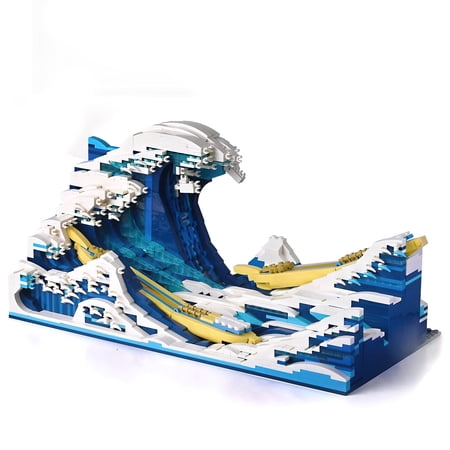 HI-Reeke Wave Micro Mini Building Block Set the Great Wave Art Hokusai Building Brick Kit Toy Blue