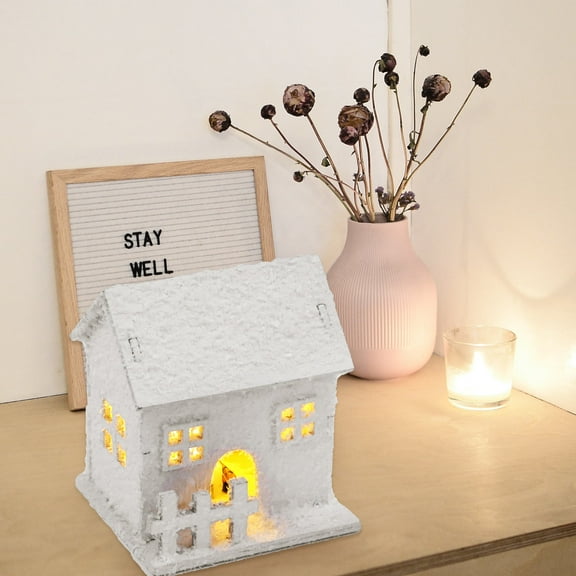 HIAKDOFT 2Pcs Wooden Christmas House White Luminous Decorative Xmas Desktop Ornament with Wood and Synthetic Material for Shop Decoration 11.8x7.9x3.9in
