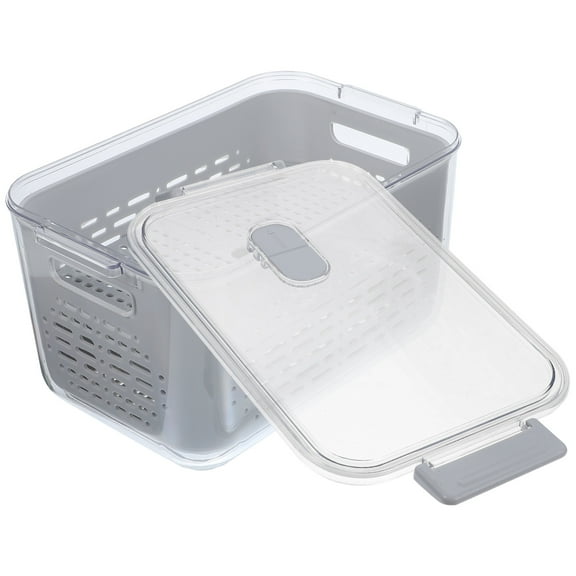 HIAKDOFT Drain Basket Fridge Storage Container 28.5X18CM Grey Square Perforated PET PP for Fridge Organization 1Pack