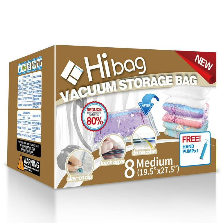 Hibag 8 Small Vacuum Storage Bags for Clothes, Travel Space Saver Bags, Hand-Pump Included, Clear (8-Small)