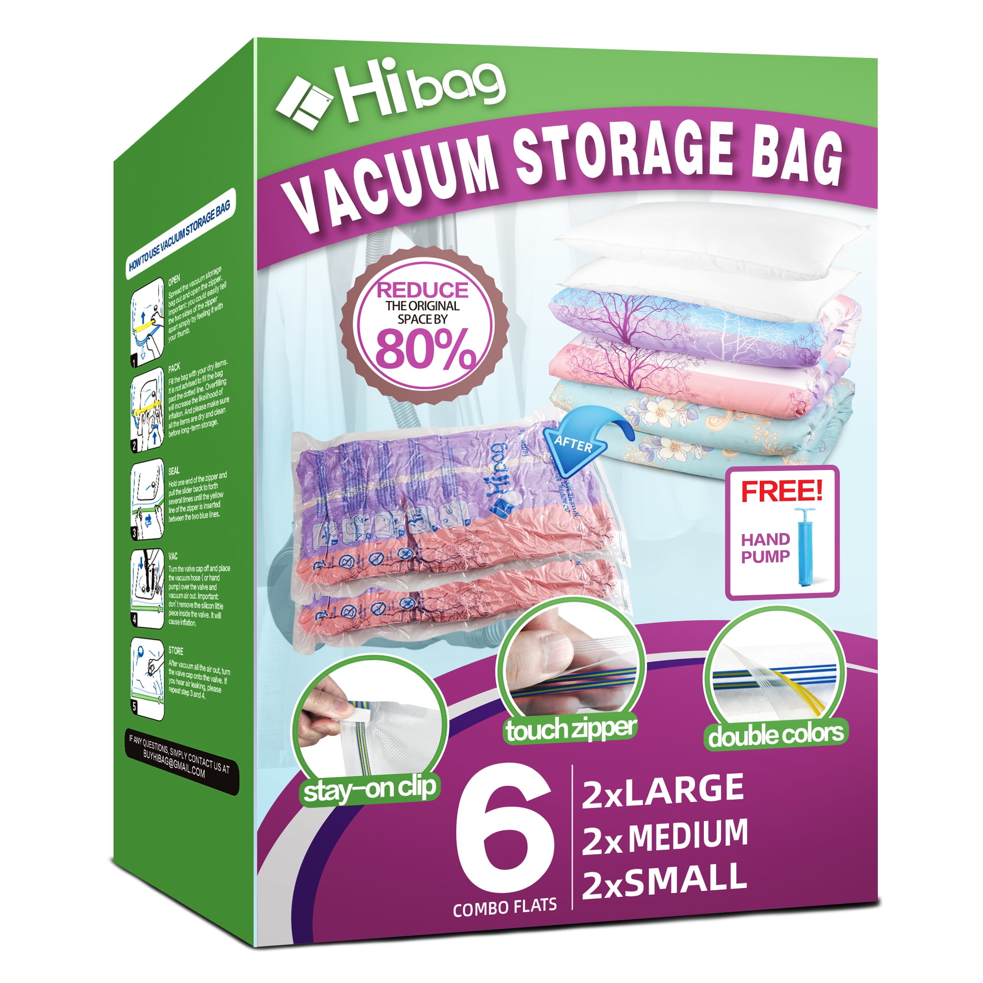 Basics Multiple Vacuum Compression Storage Bags with Hand Pump -  6-Pack (2 Jumbo, 2 Large, 2 Medium)